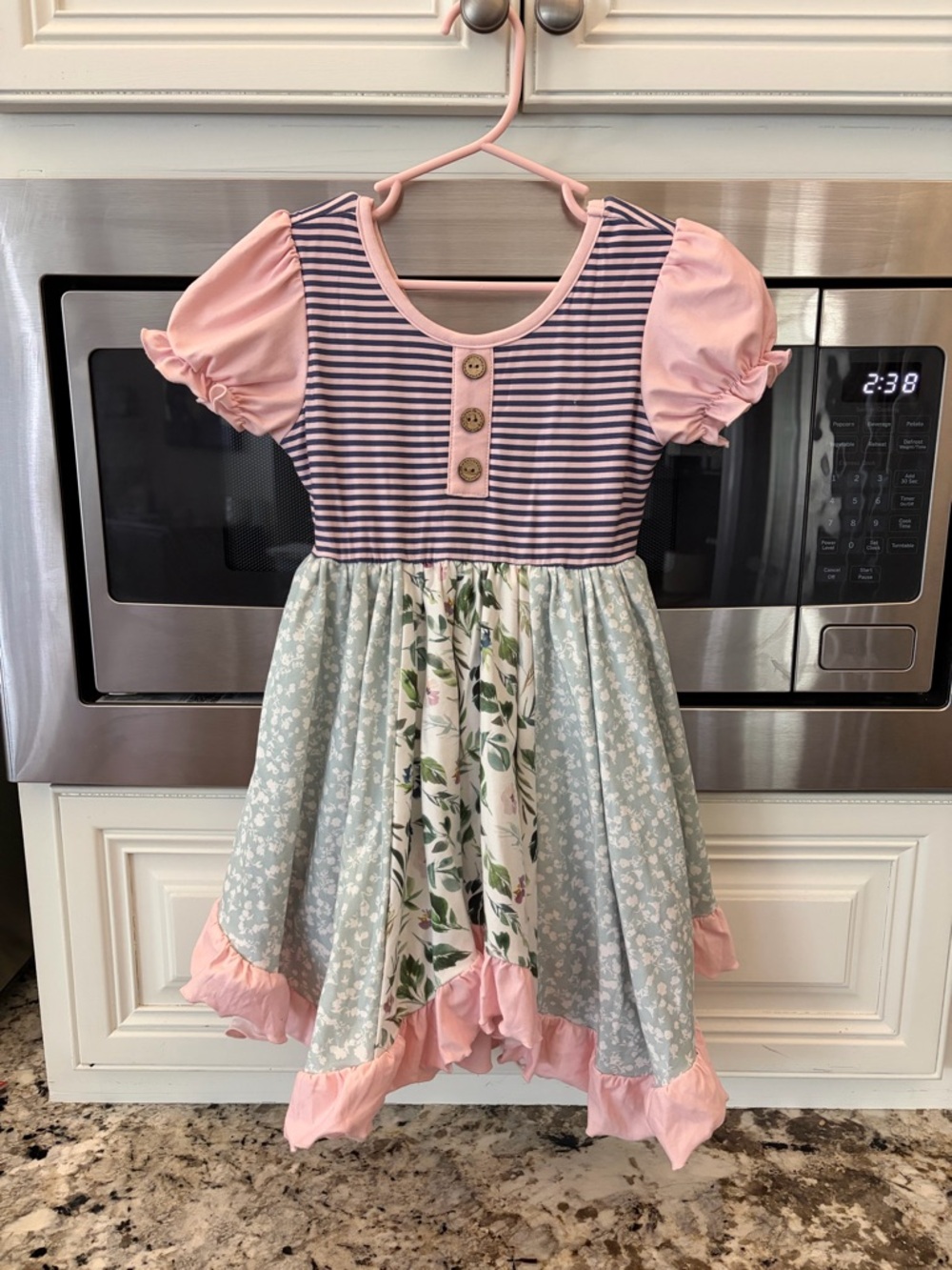 cheeky plum Pink Puff Sleeve & Striped Bodice Floral Patchwork Dress